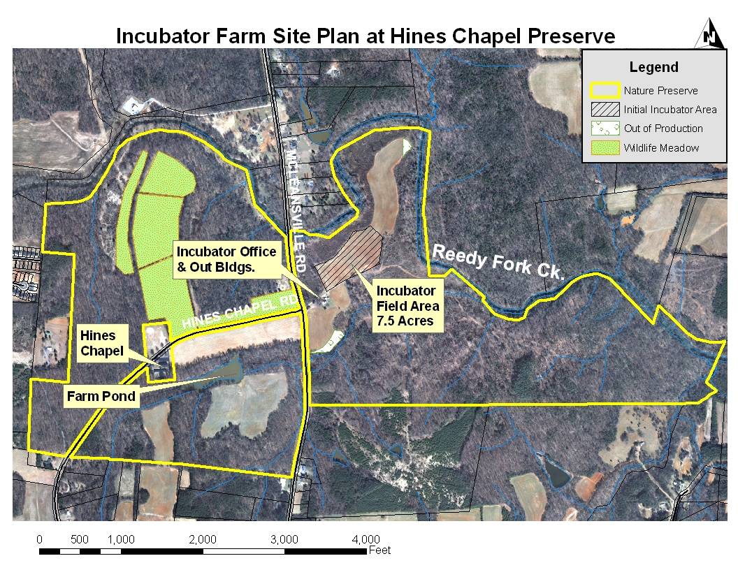 The Incubator Farm Site plan, including a 7.5 acre field area and offices and outbuildings.